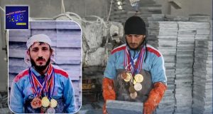 Rizwan Pathan, a national-level martial arts and gymnastics athlete from Bajaur District, is now working as a laborer in a marble factory in Nowshera due to financial hardship.